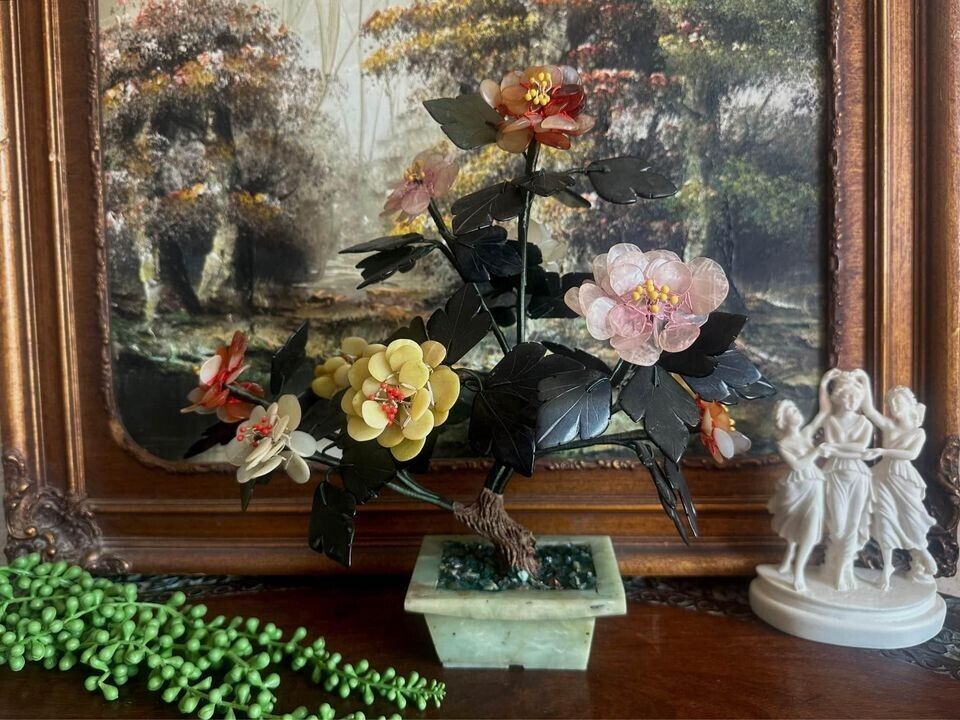 Vintage Midcentury Chinese Carved Jade and Agate Bonsai Flowering Tree Sculpture