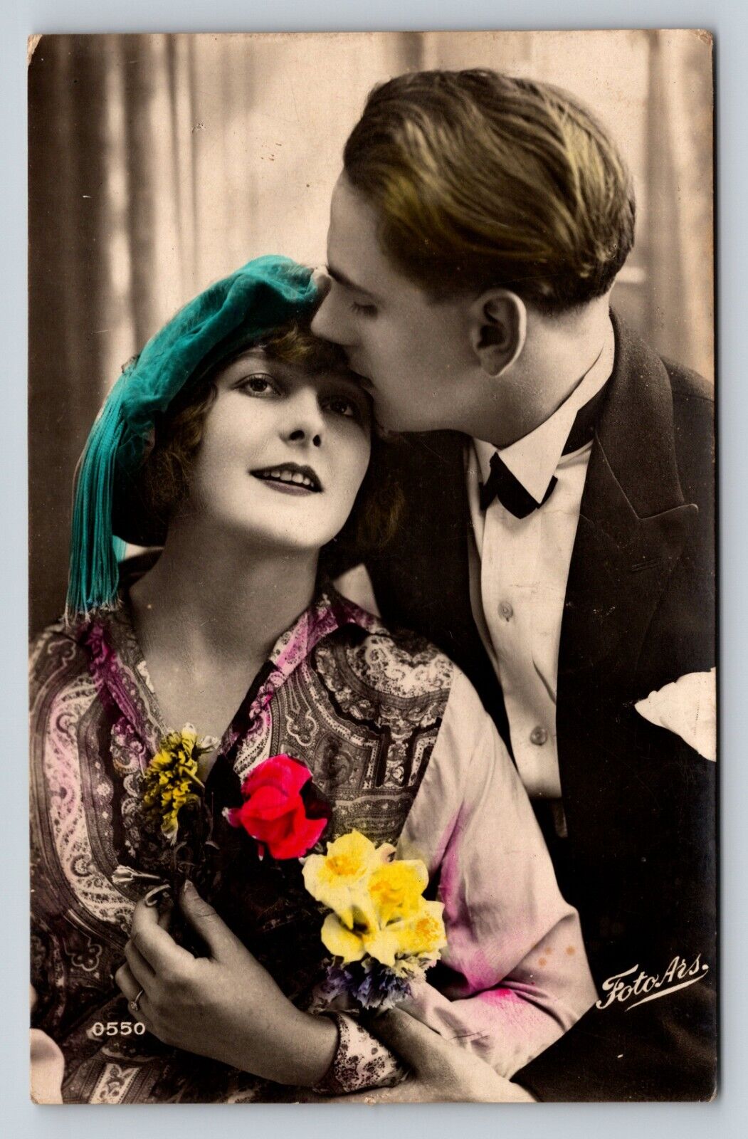 c1927 RPPC Couple in Love Beautiful Color Tinted Studio Photo Postcard