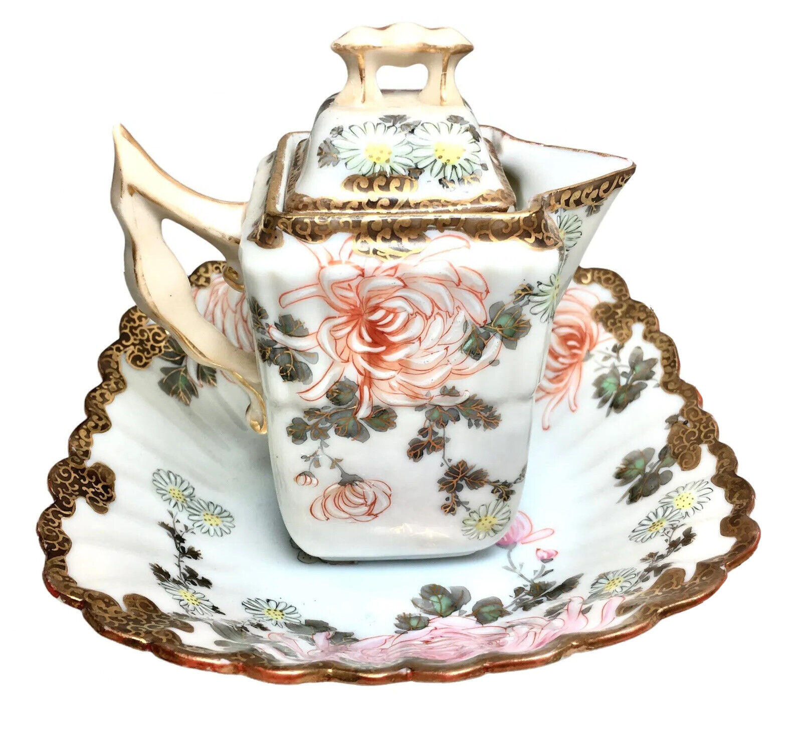 Vtg Antique Asian Single Serve Teapot And Saucer Bowl Hand Painted Chrysanthemum