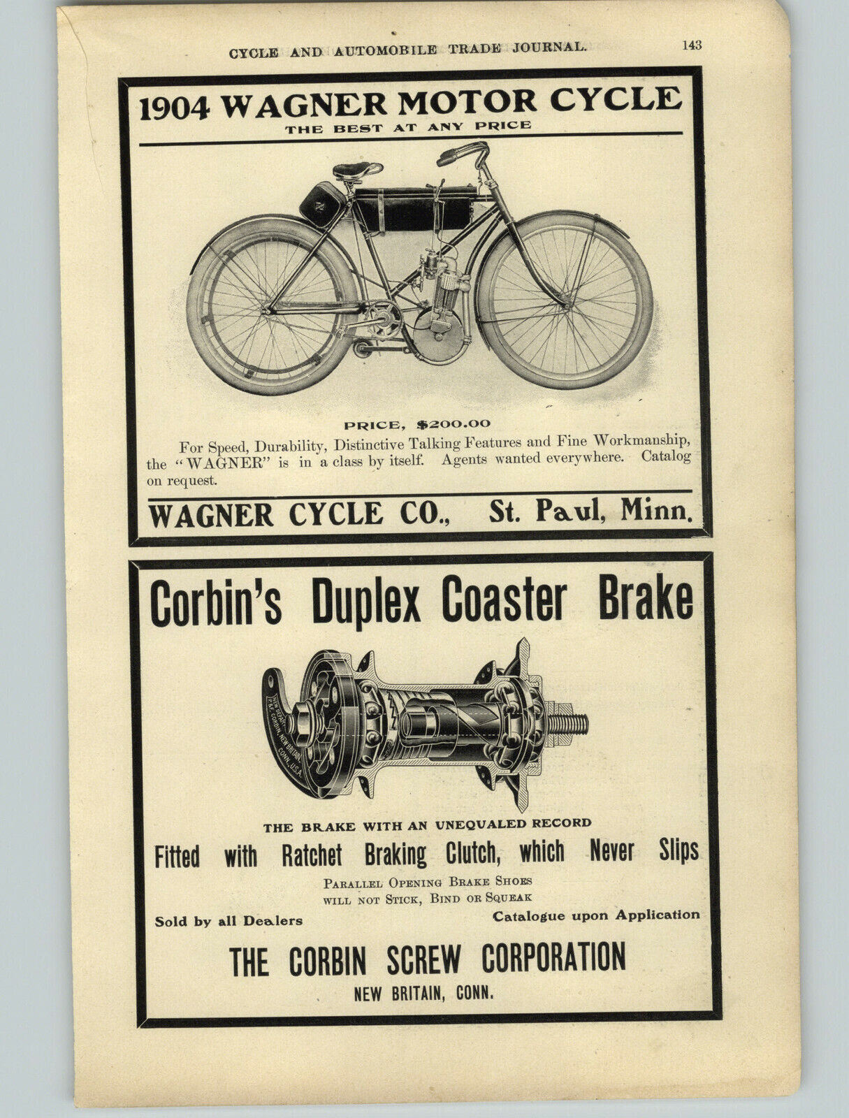 1904 PAPER AD Wagner Motor Cycle Motorcycle St Paul Solar Lamps Lights Badger