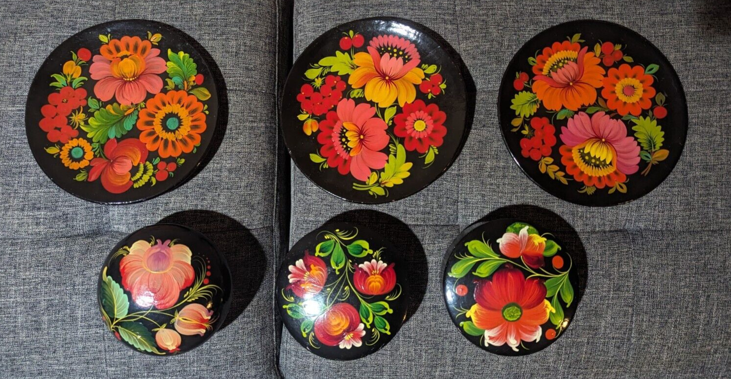 Rare Soviet 6-piece Set of Hand-Painted floral Wood plates & boxes USSR