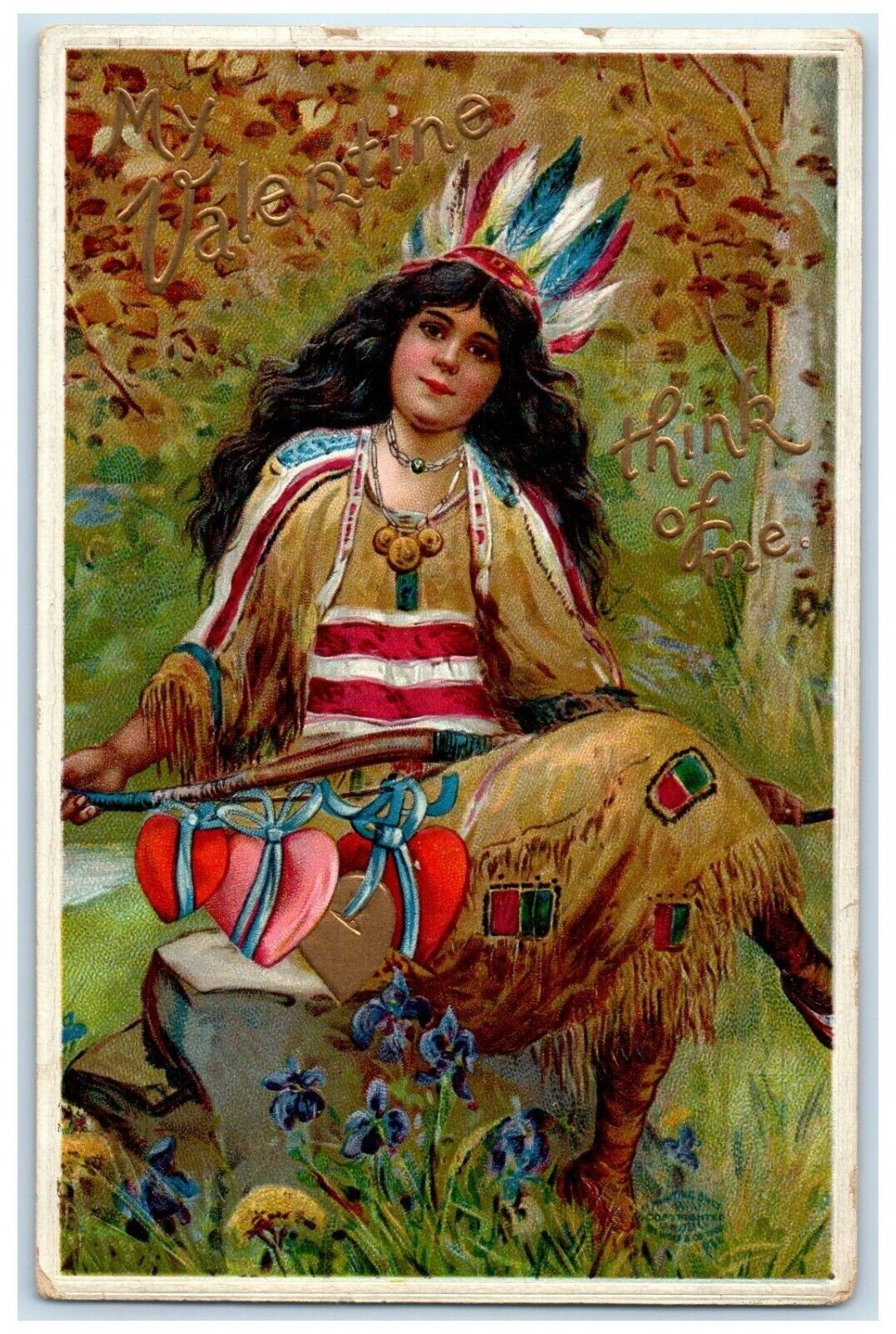 c1910's Valentine Indian Woman Hearts Bow Embossed Posted Antique Postcard