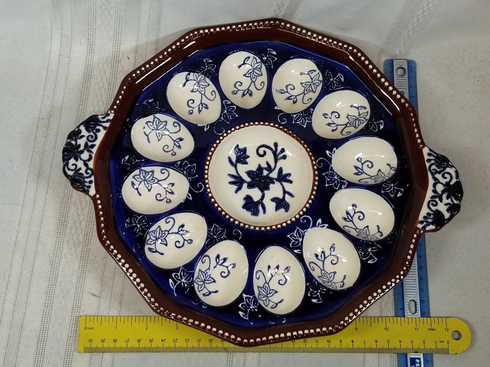 Temp-tations By Tara Hand Painted Deviled Egg Handled Platter Blue Brown