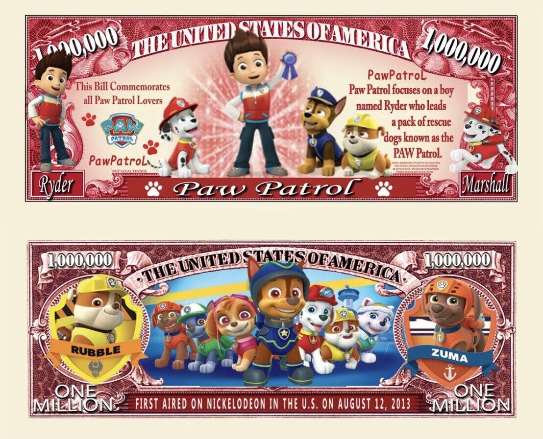 Paw Patrol Play Money Pack of 10 Collectible 1 Million Dollar Bills Novelty