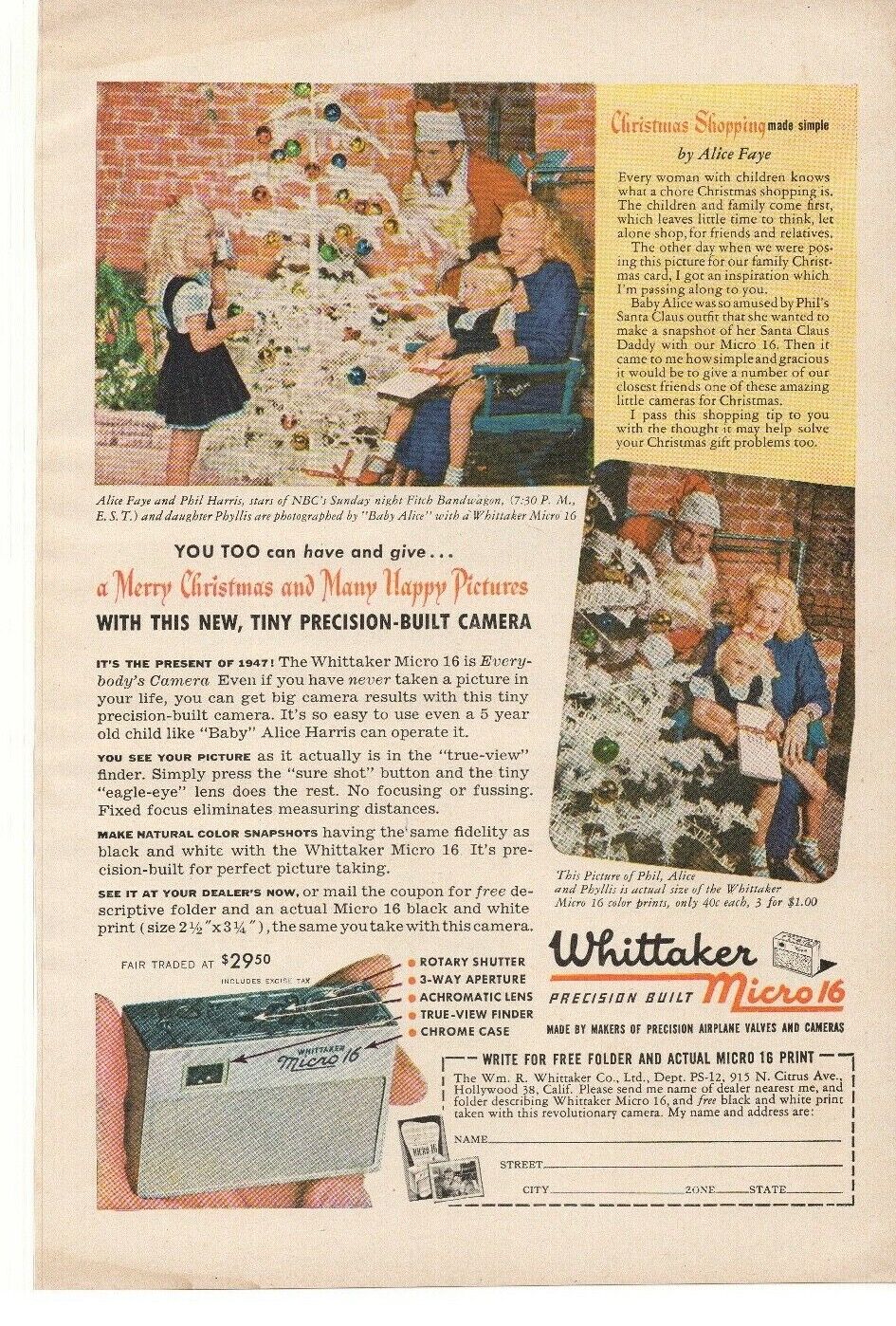 1947 Whittaker Micro 16 Camera Advertisement Hollywood, California