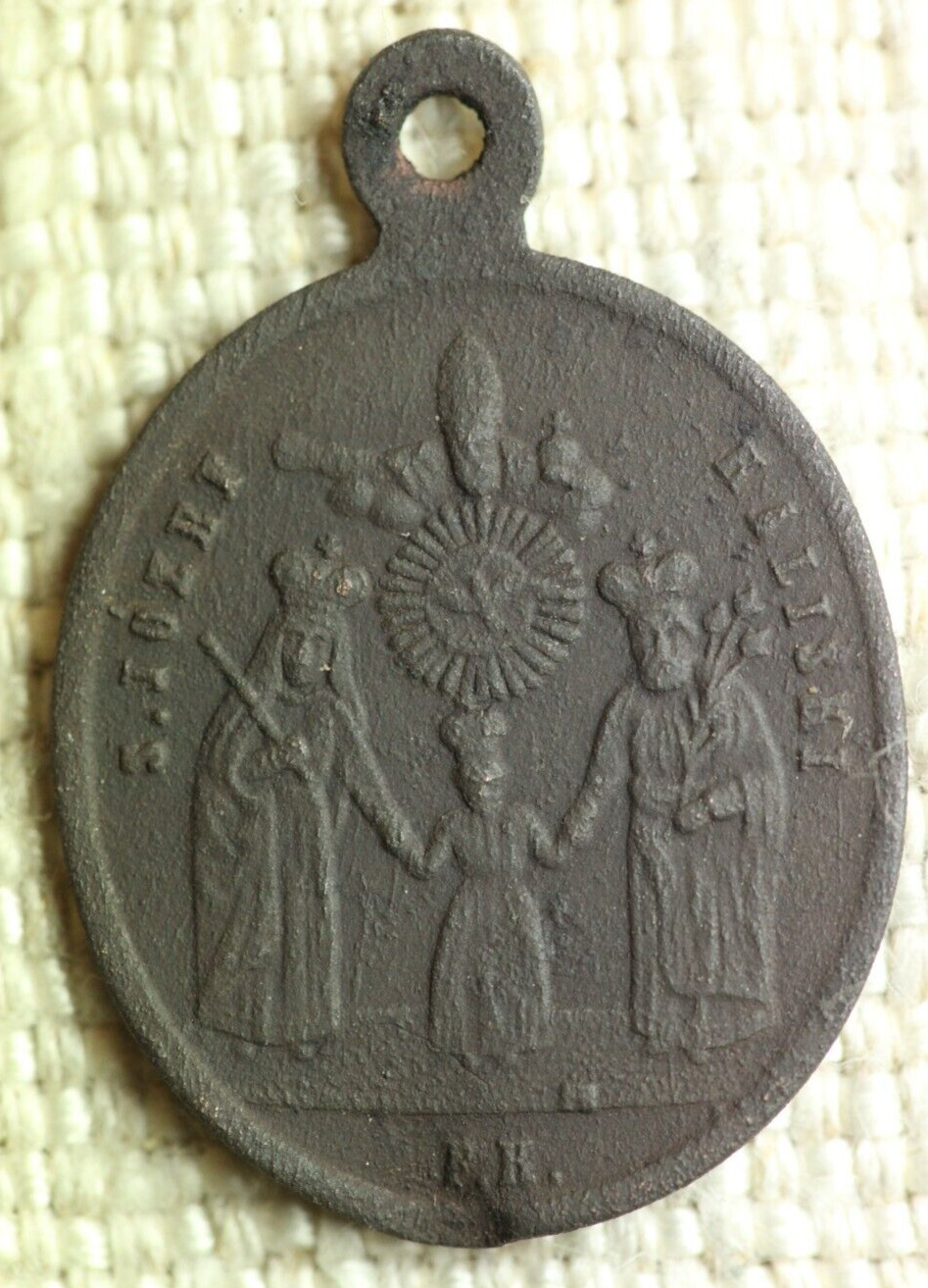 Antique Poland 1800s brass Medal Catholic Pectoral Icon Pendant D1344