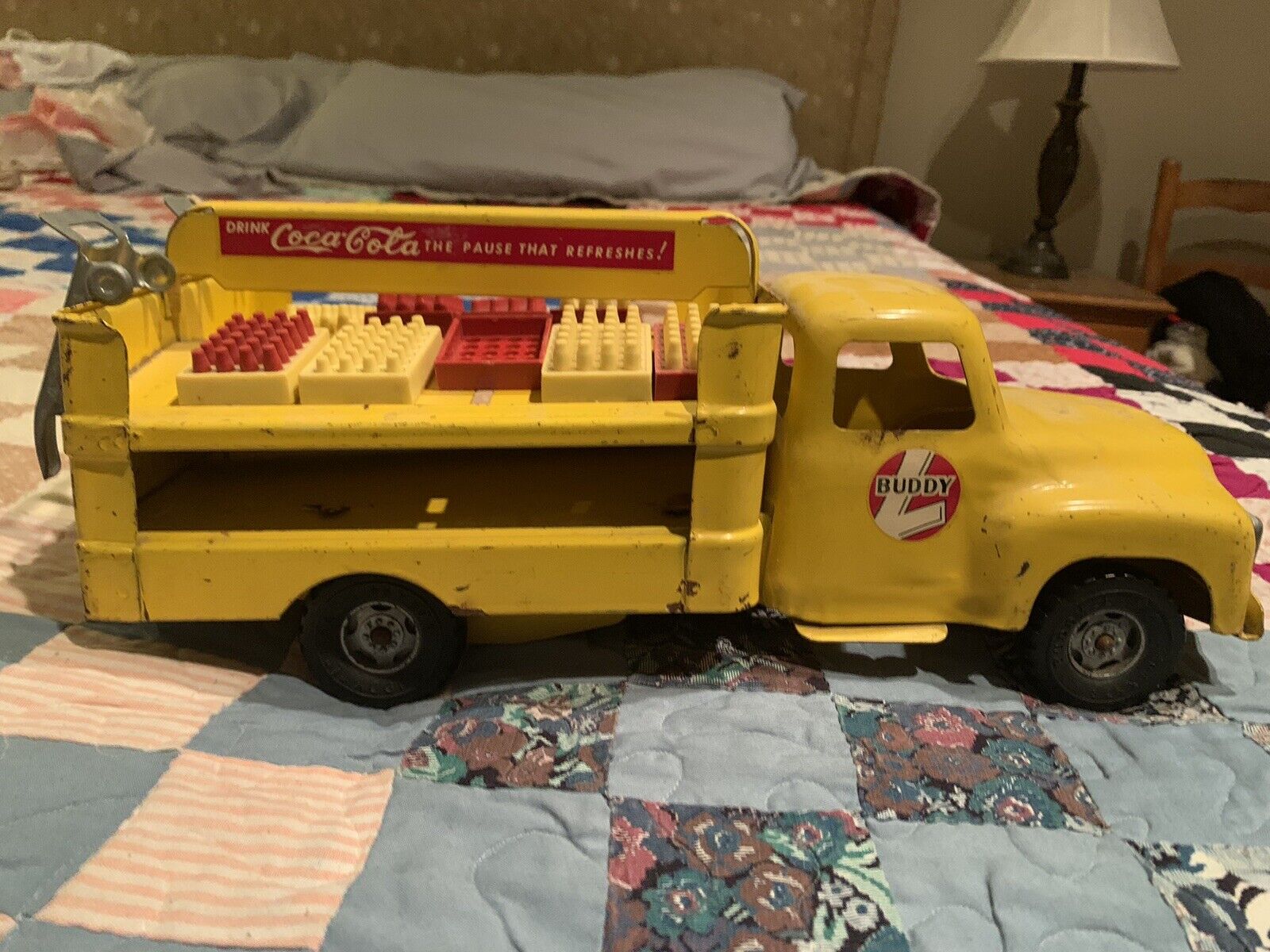 Vintage  Buddy L Coca Cola Delivery Truck Pressed Steel Yellow