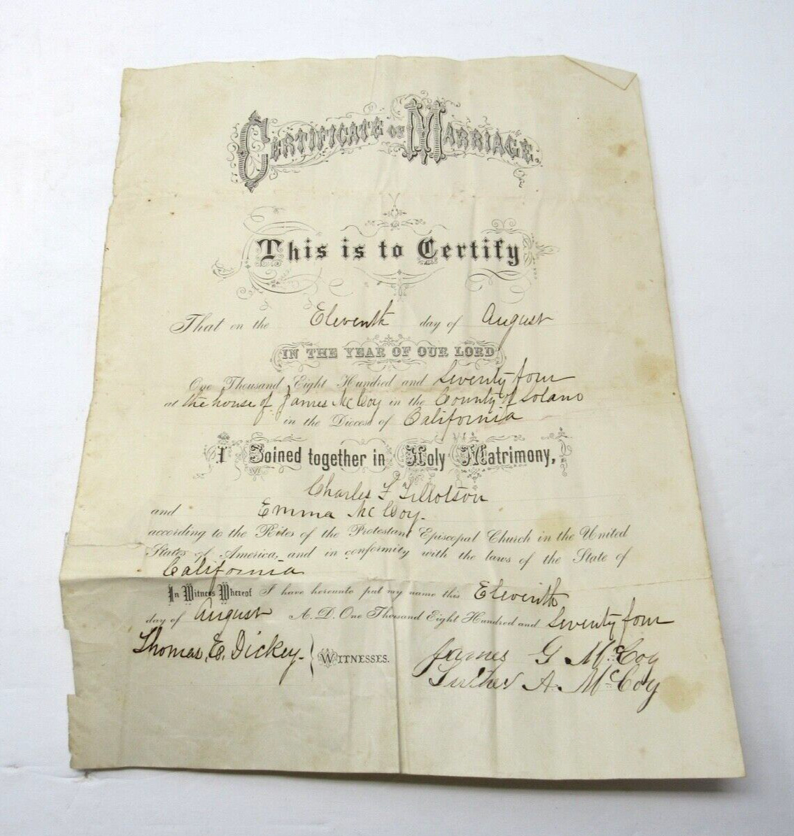 Solano County CA Marriage Certificate 1874 Emma McCoy and Charles Tilloston