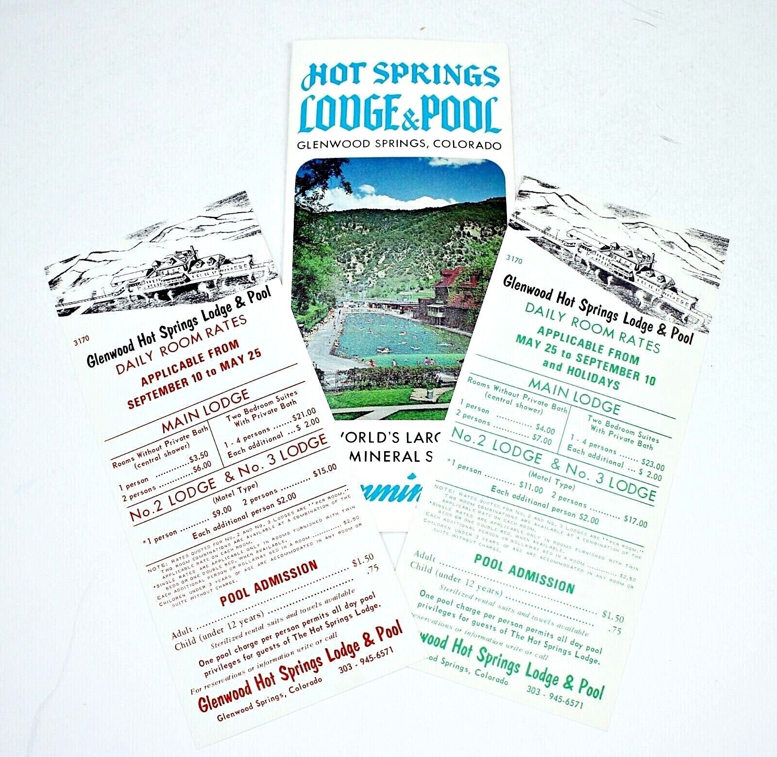 Vtg COLORADO Glenwood Hot Springs Lodge &Pool Pamphlet /Rate Papers MINERAL SPRG