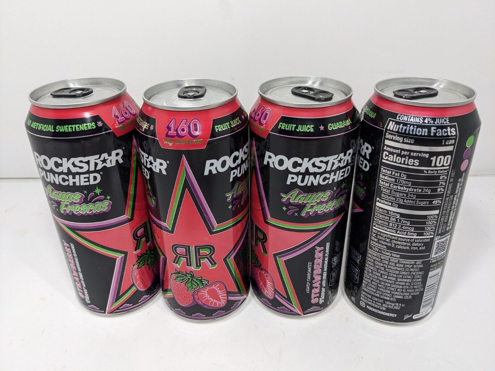 Lot Of 4 Rockstar Punched Aguas Frescas Strawberry - Discontinued - BBD 9-2022