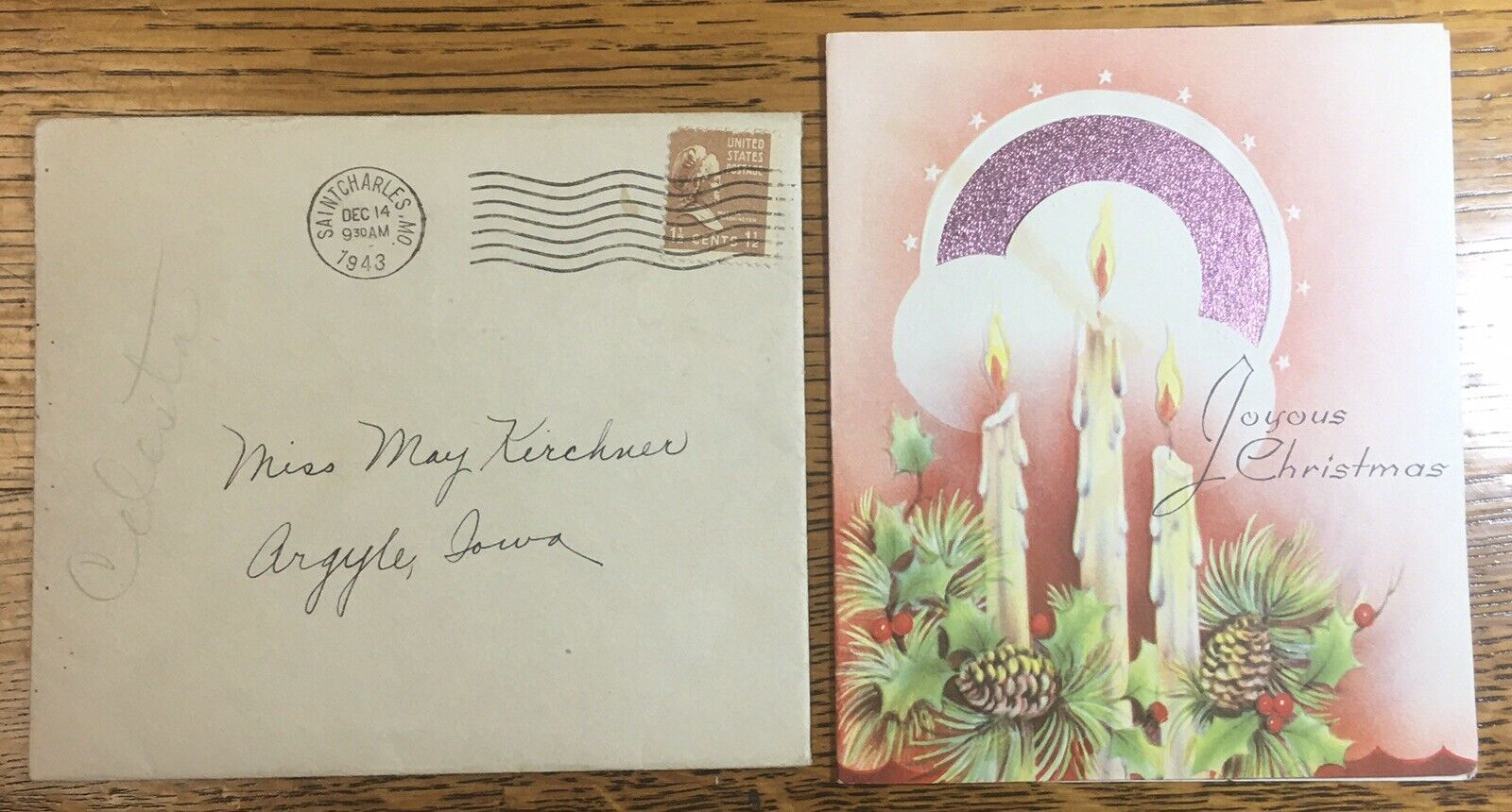 Vintage Joyous Christmas Card and Envelope, Posted St. Charles, MO 1943