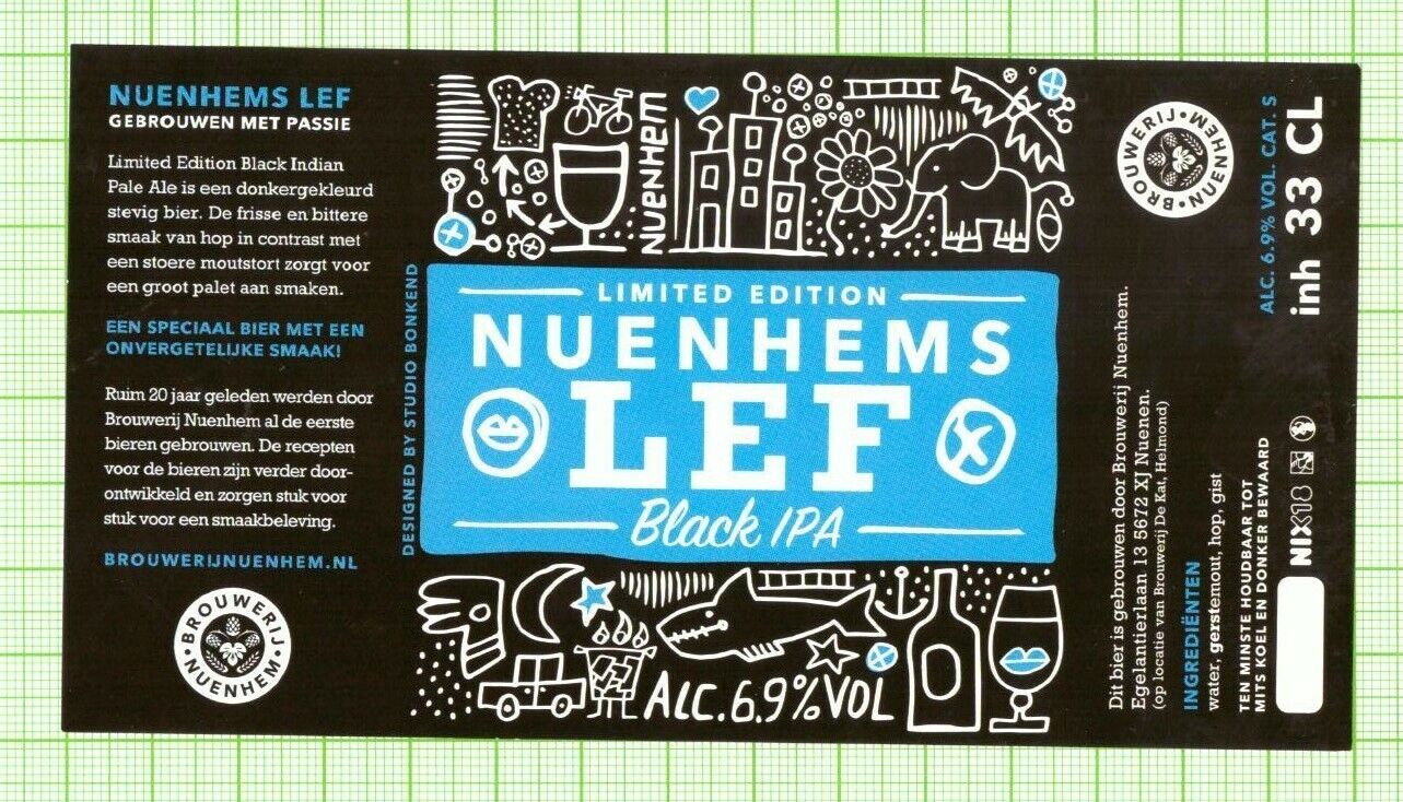 HOLLAND Micro,Neunhems Brouwerij Lef Black IPA elephant beer label B051 020