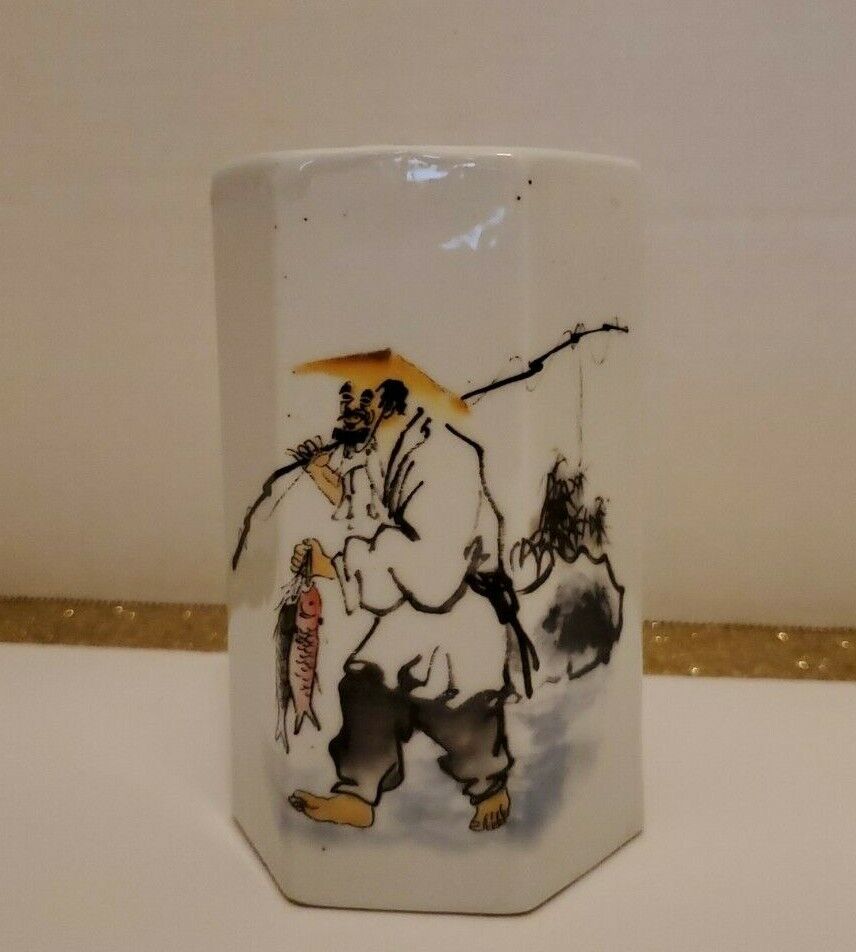 RARE JAPANESE Signed, Color Hand Painted, Graphic ART Hexagon Vase WHOLESALE