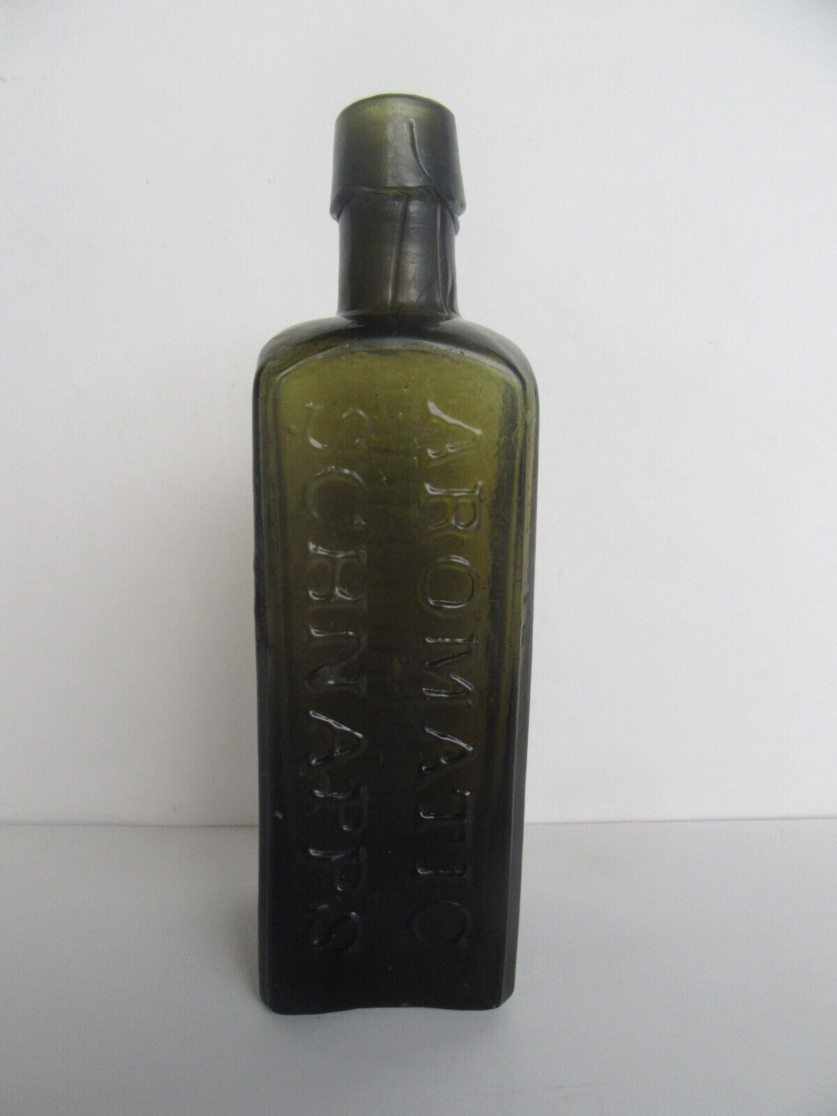 Antique 1860\'s Udolpho Wolfe\'s Olive Green Schnapps Blown Mold Bottle