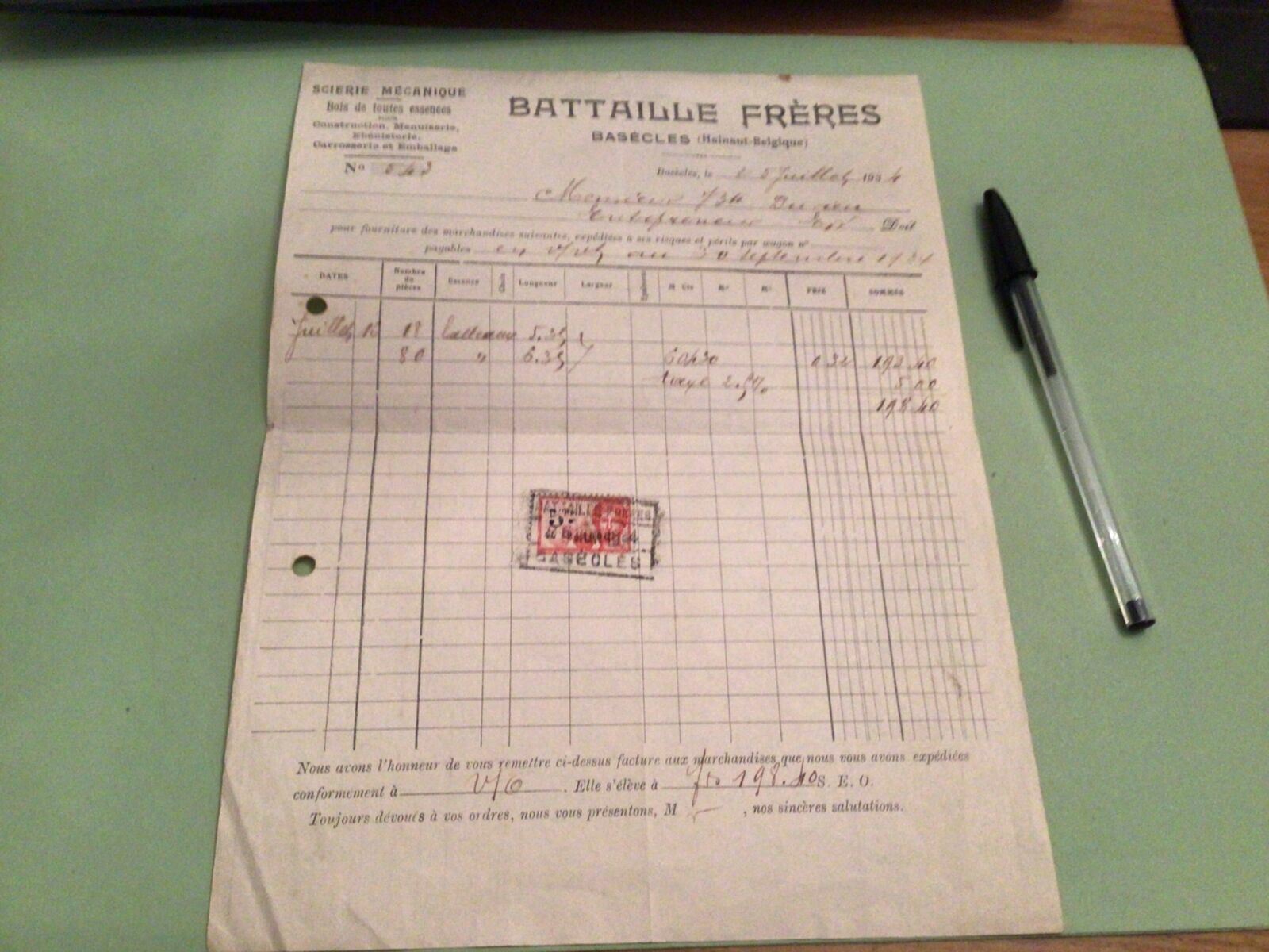 Battaille Freres  Belgium 1934 industry Receipt  Ref 51561