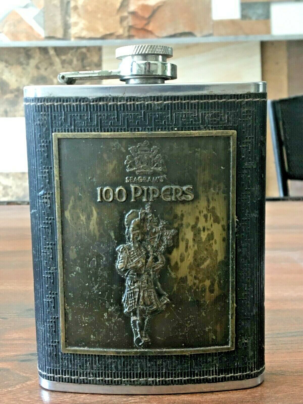 VINTAGE OLD RARE SEAGRAM\'S 100 PIPERS 8 OZ METAL FLASK EMPTY BOTTLE
