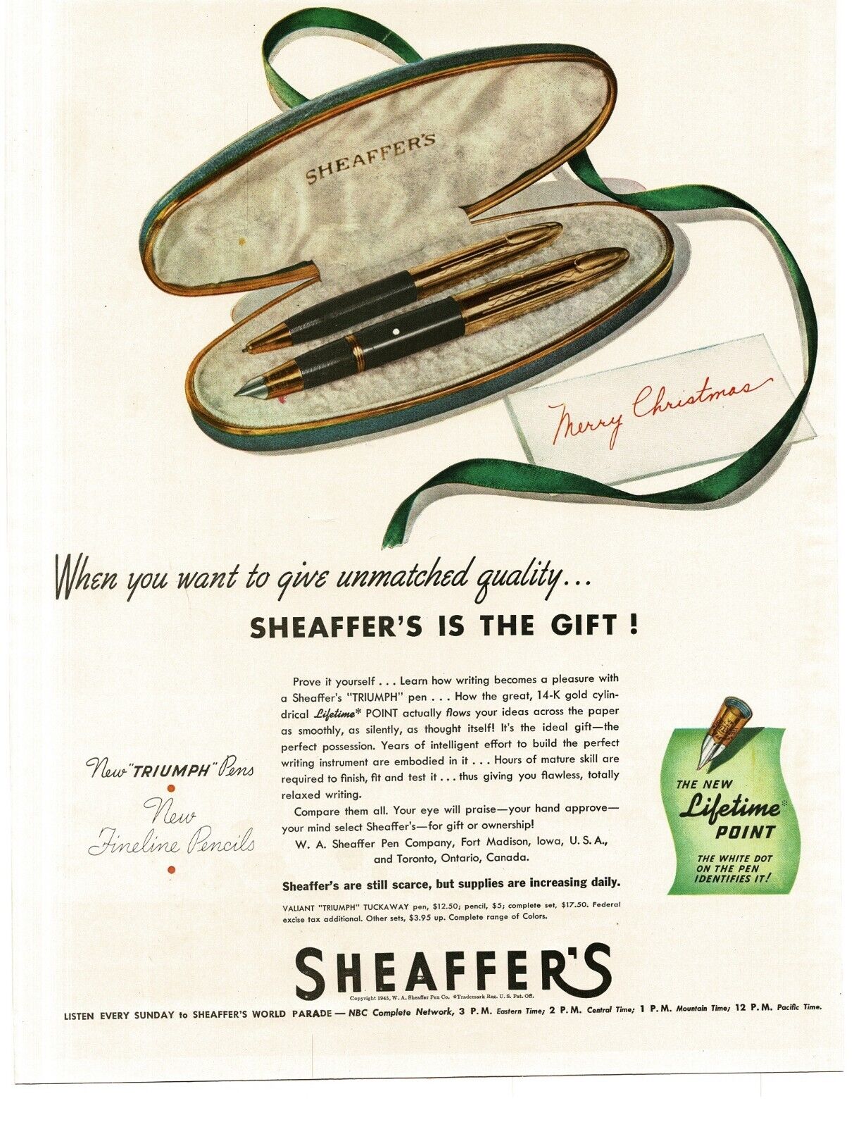 1945 Scheaffer Fountain Pen Mechanical Pencil set for Christmas Vintage Print Ad