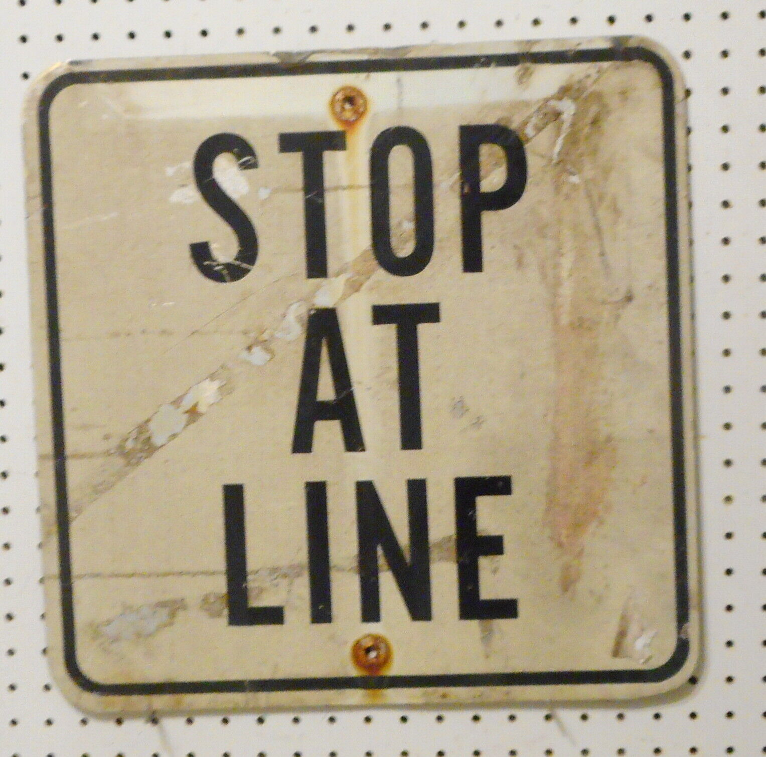 VINTAGE USED  STOP AT LINE  SIGN 18 X 18  FLAT ALUMINUM BLACK ON WHITE
