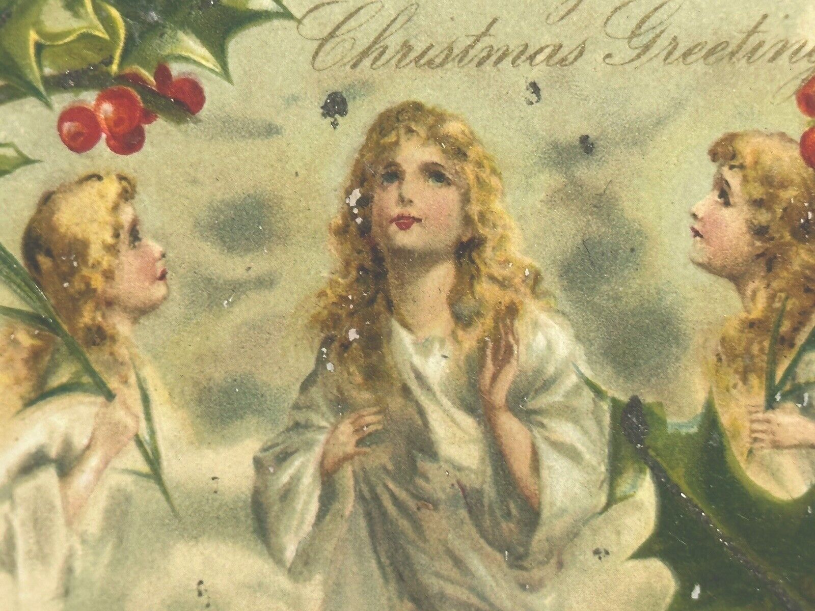 Christmas Postcard Three Angels Winsch Back Eyes Up Blond Hair Holly Glitter