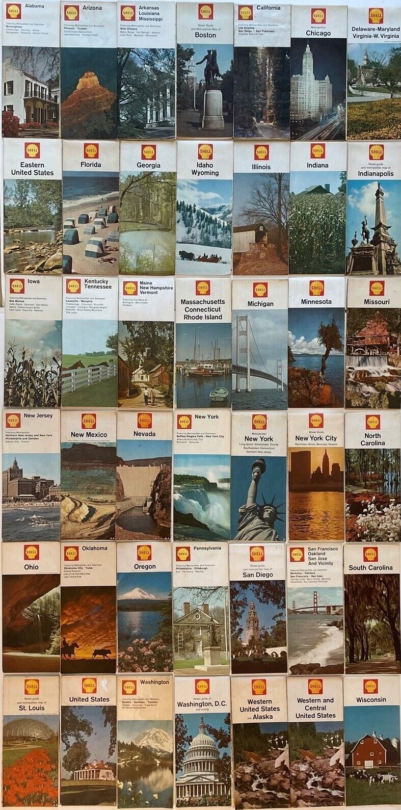 1960s Collection SHELL OIL 42 Different Scenic Cover US State & City Road Maps