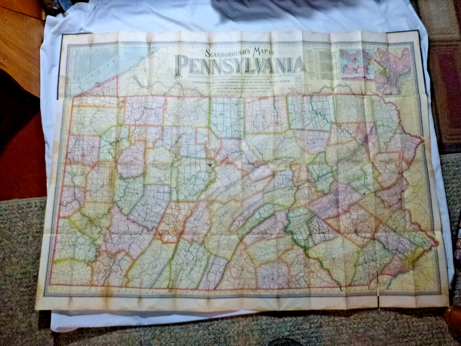1900 Scarborough's Map Pennsylvania Fold Out Map Railways Demographics Census