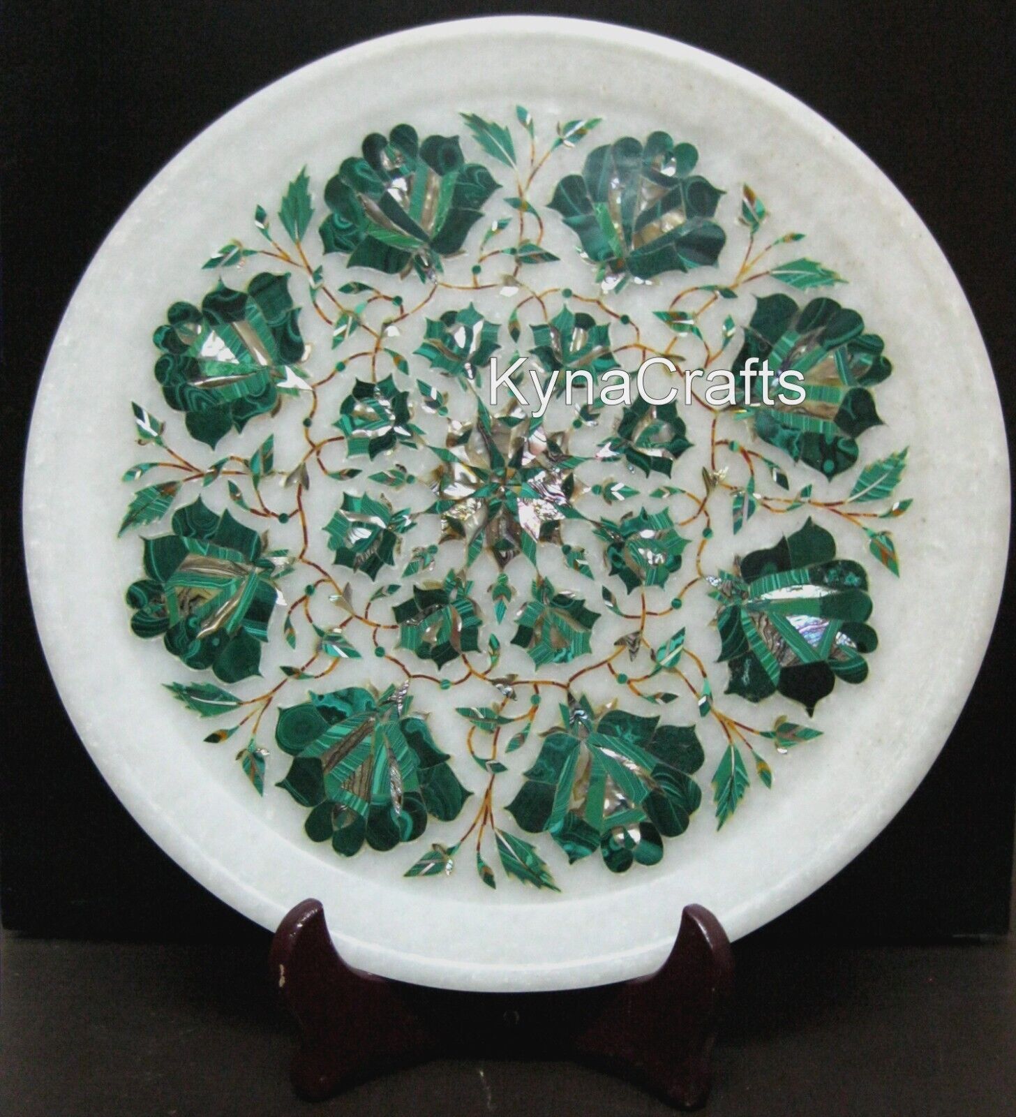 12 Inches Marble Plate Malachite Stone Inlay Work Giftable Plate for Anniversery