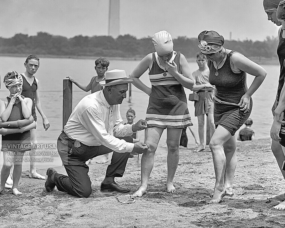 Vintage 1922 Photo Beach Cop Measuring Bathing Suite - Roaring 20s Swimsuits Odd