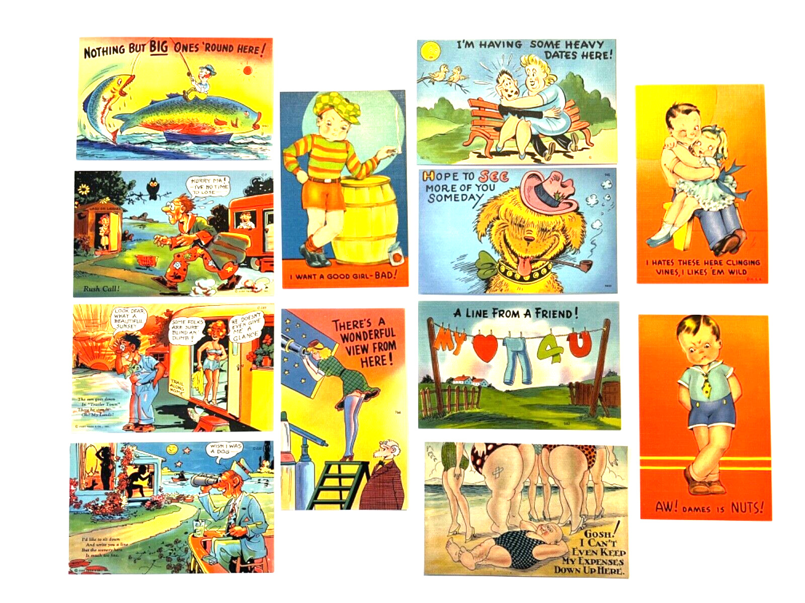 Humorous Post Cards; Vivid Colors; 1930\'s To 1940\'s; Unused NOS; Qty 12; Lot 3