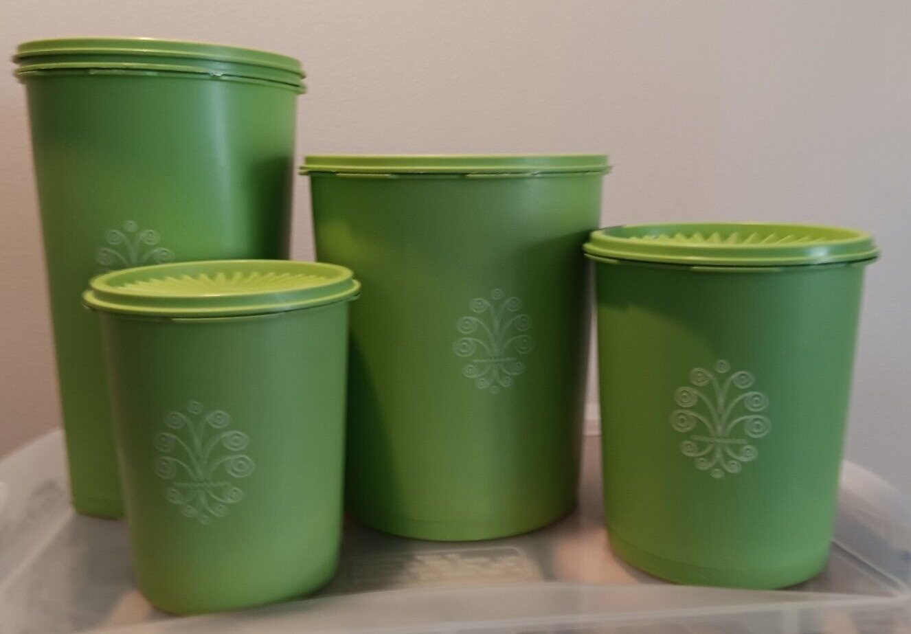 Vintage Tupperware Canisters Apple Green Atomic Burst Set of 4 with 5 lids