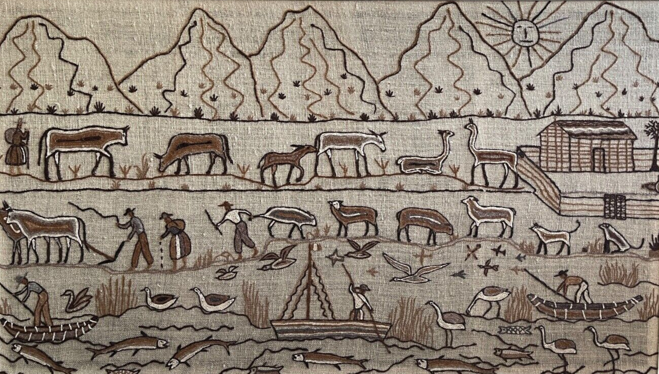Handmade Signed Peruvian Folk Art Naive Style Crewelwork Tapestry 68\