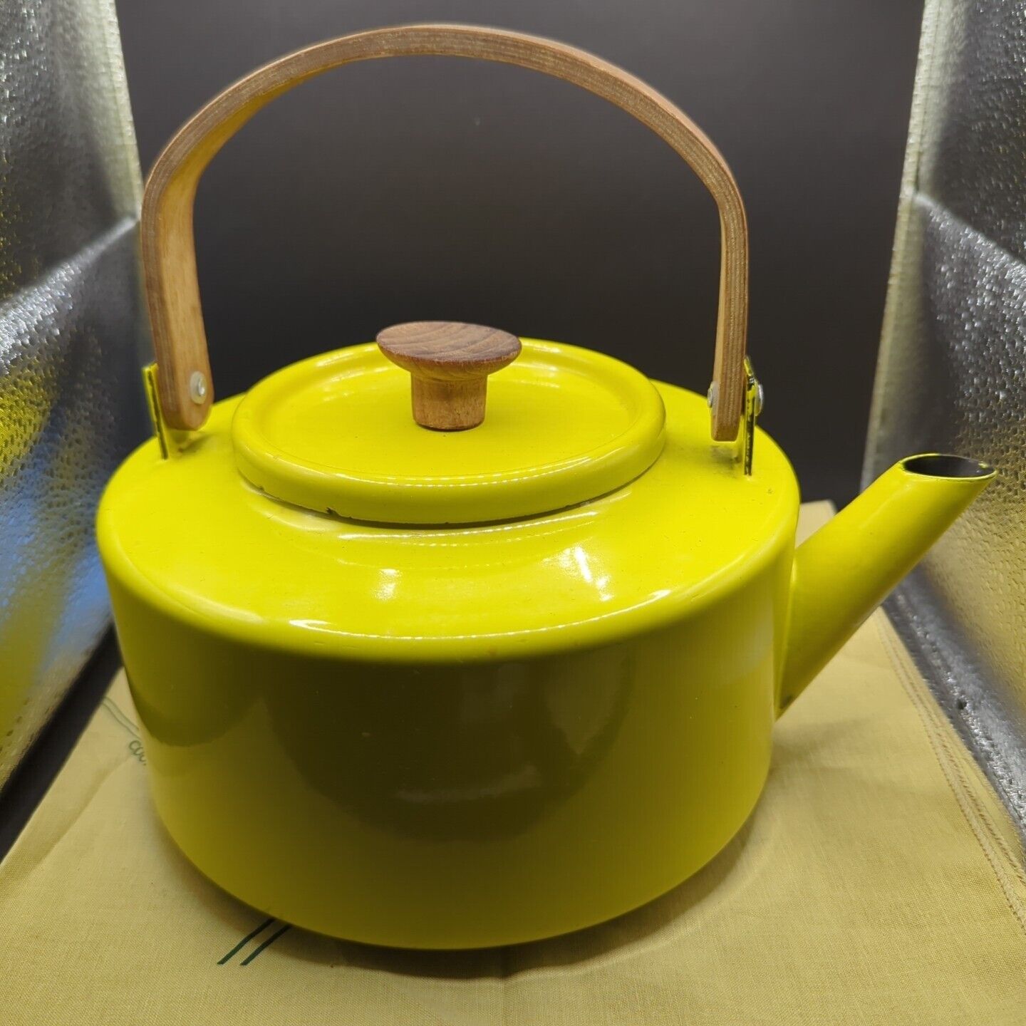Vintage COPCO Yellow Enamel Tea Kettle Pot MCM Wood teak Michael Lax #117 Spain