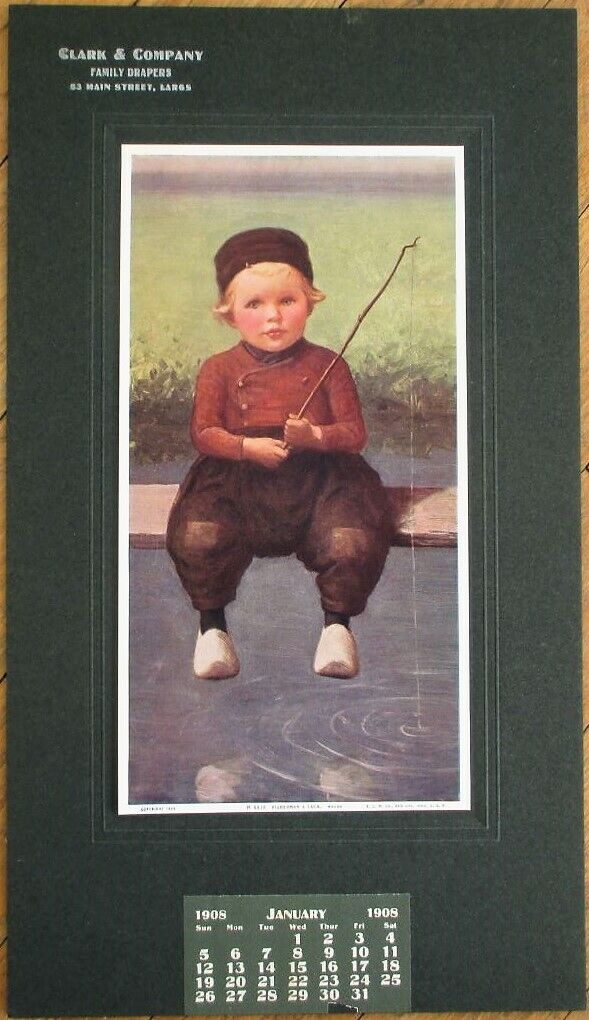 Largs, Scotland 1908 Advertising Calendar: Clark Family Drapers, w/Fishing Boy
