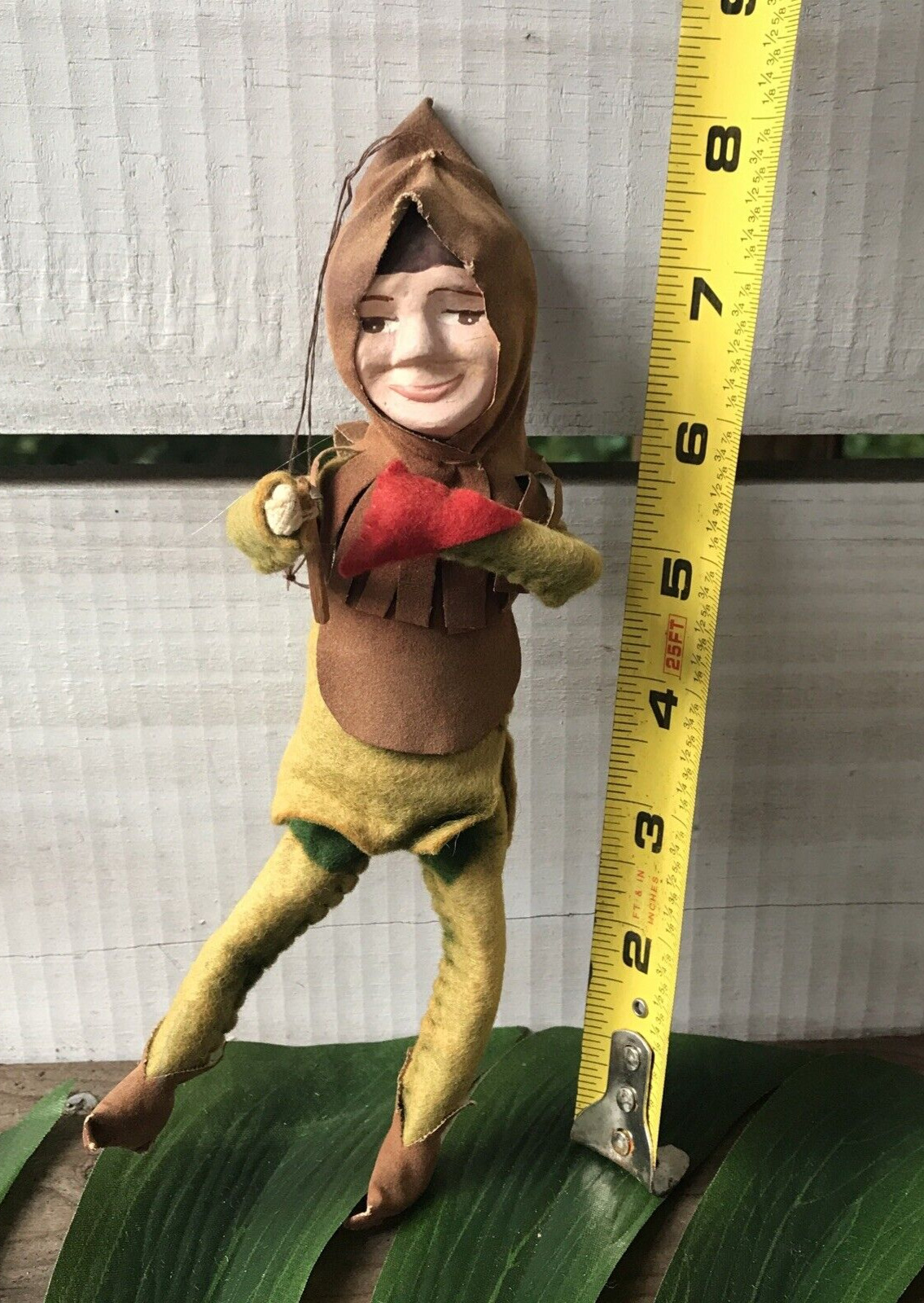 Vtg 8 1/2” Felt Wired Gnome Elf Dwarf Figure Ornament Brown Eyes Composite Head