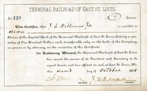 Terminal Railroad of East St. Louis - Transferred to Jay Gould - Stock Certifica