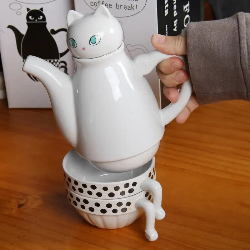 Cute Creative White Ceramic Tea / Coffee Set 2 Cup & 1 Pot Shaped In A Cat