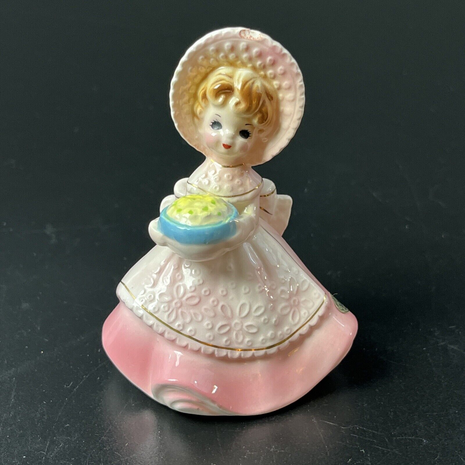 Josef Original The Little Gourmet Girl Figurine Japan Sticker Pink Bonnet Dress