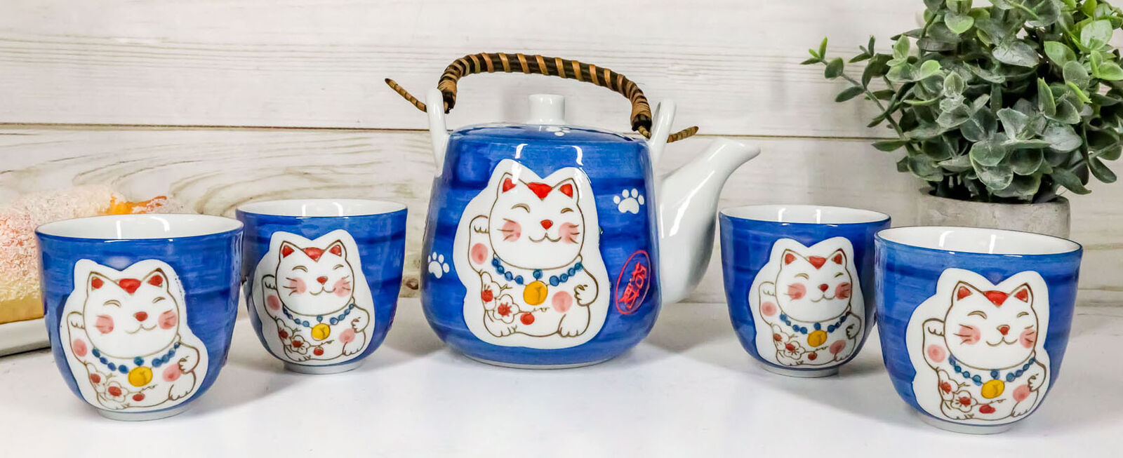 Ebros Japanese Maneki Neko Lucky Charm Cat Blue Tea Pot and Cups Set Serves 4