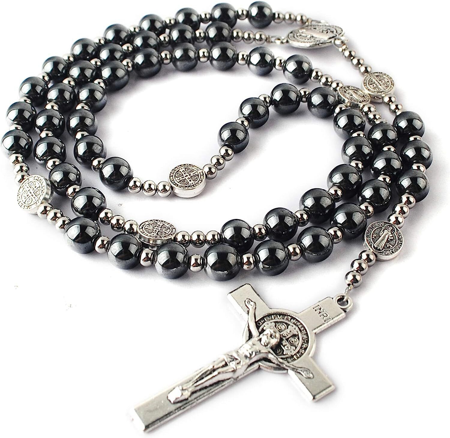 8mm Hematite Rosary Black Stone Beads with 4mm Stainless Steel Beads