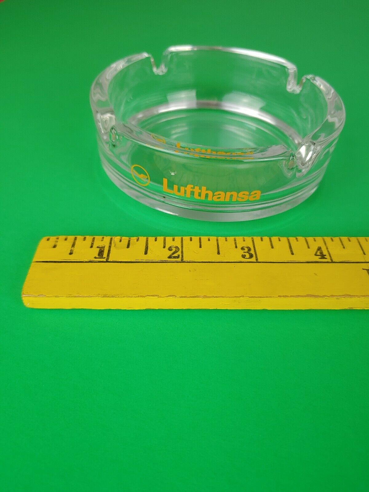 Lufthansa Airline Round Glass Ashtray w/ Yellow Imprinting Made in France