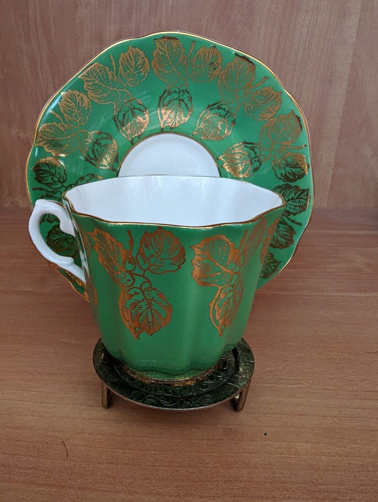 Vintage Tea Cup & Saucer Royal Grafton Fine Bone China Green & Gold