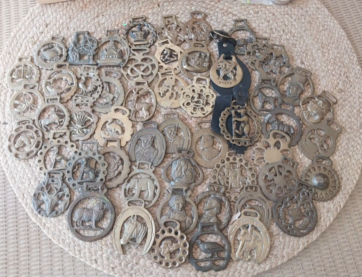 Brass Horse Medallion Lot of 57 Vintage People Animals Astrology Bears Crown