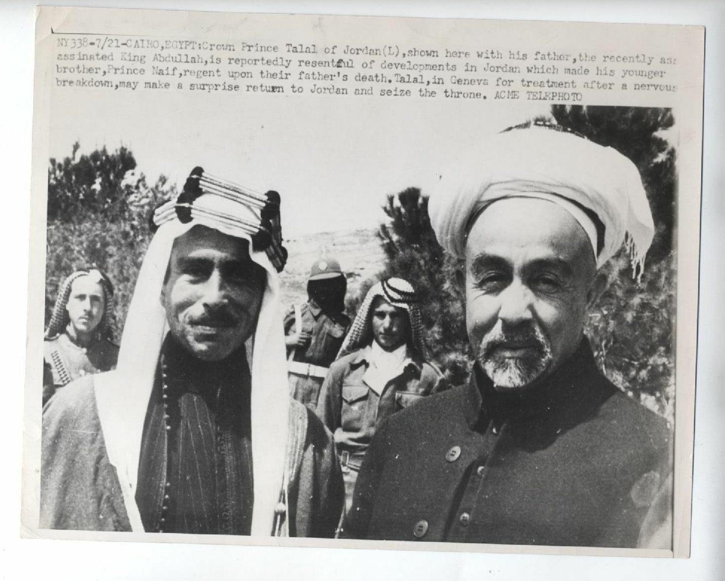 1951 KING ABDULLAH & TALAL JORDAN PHOTO عبد الله الأول بن الحسين VINTAGE