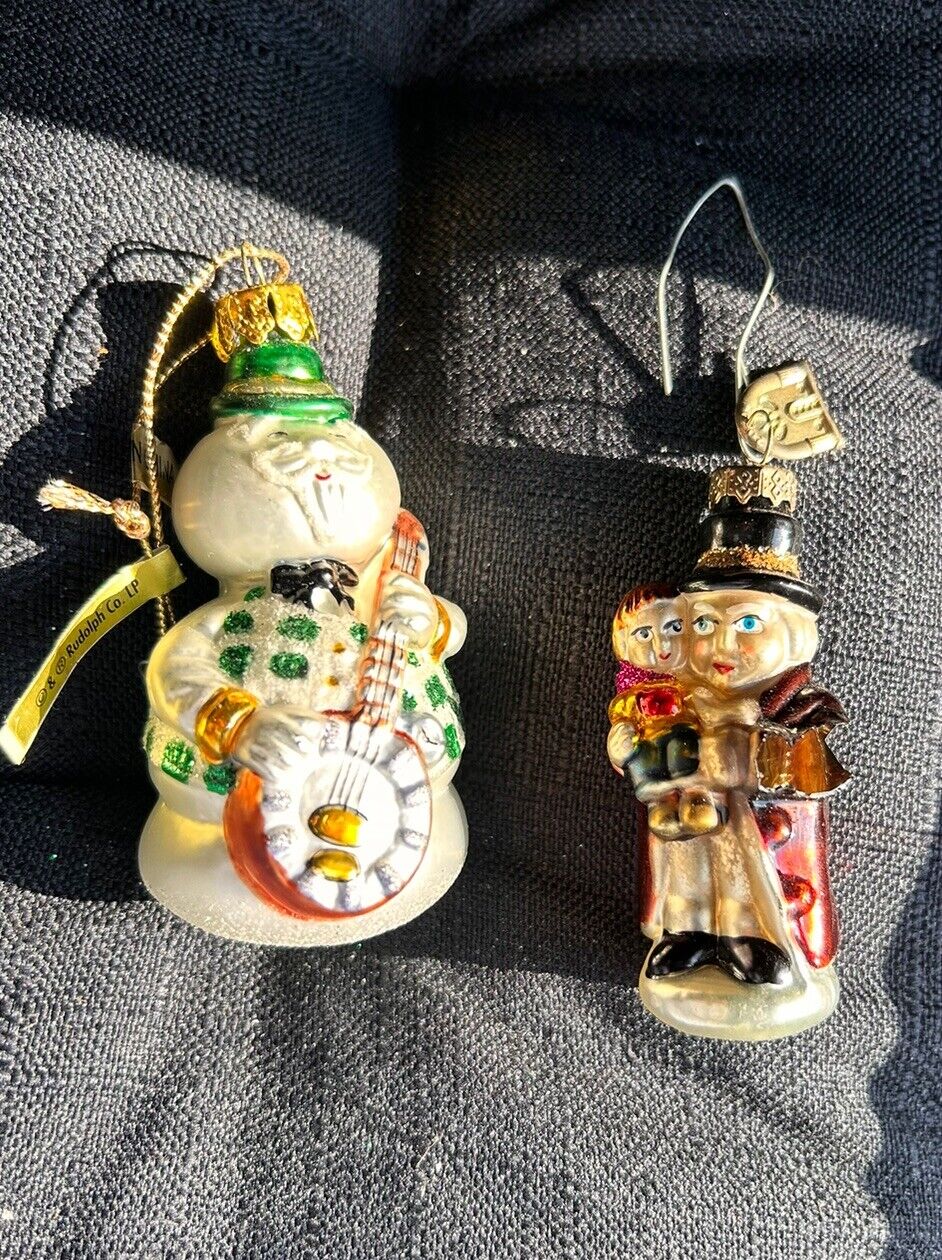 2 Christmas Glass Ornaments Small 2” Unique Snowman Scrooge