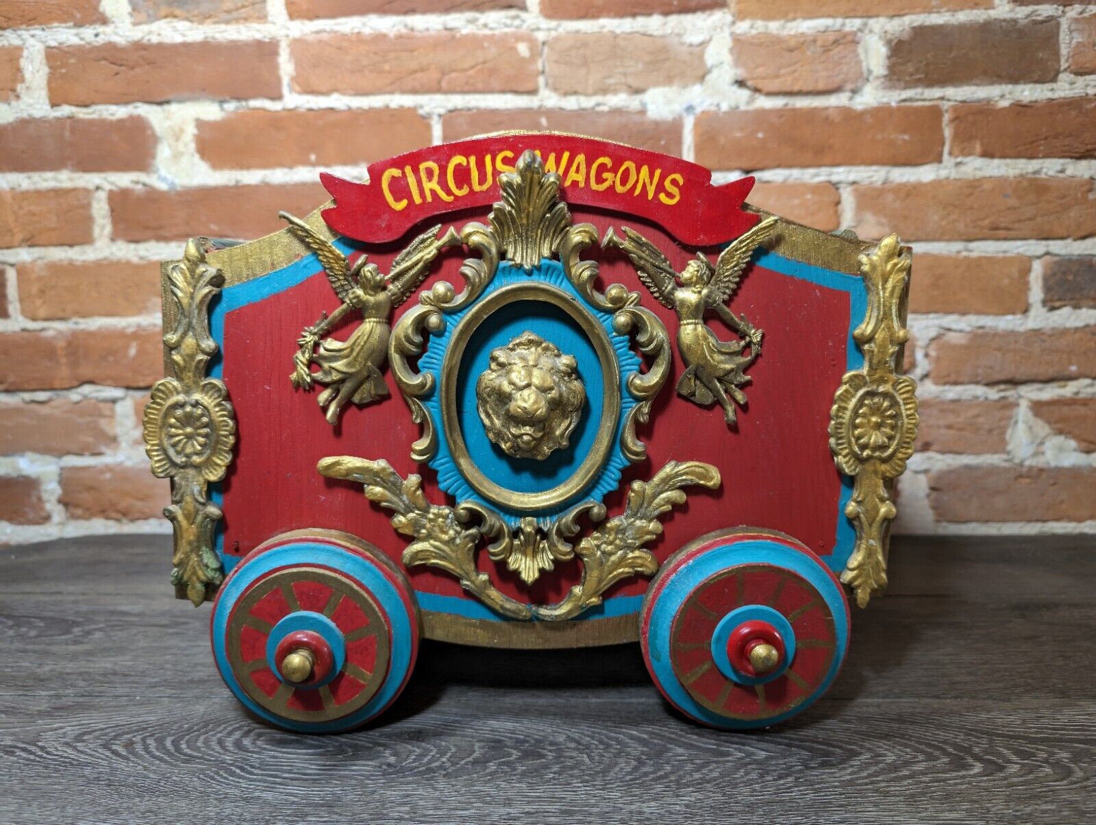 Wooden Folk Art Circus Lion Wagon Golden Angels