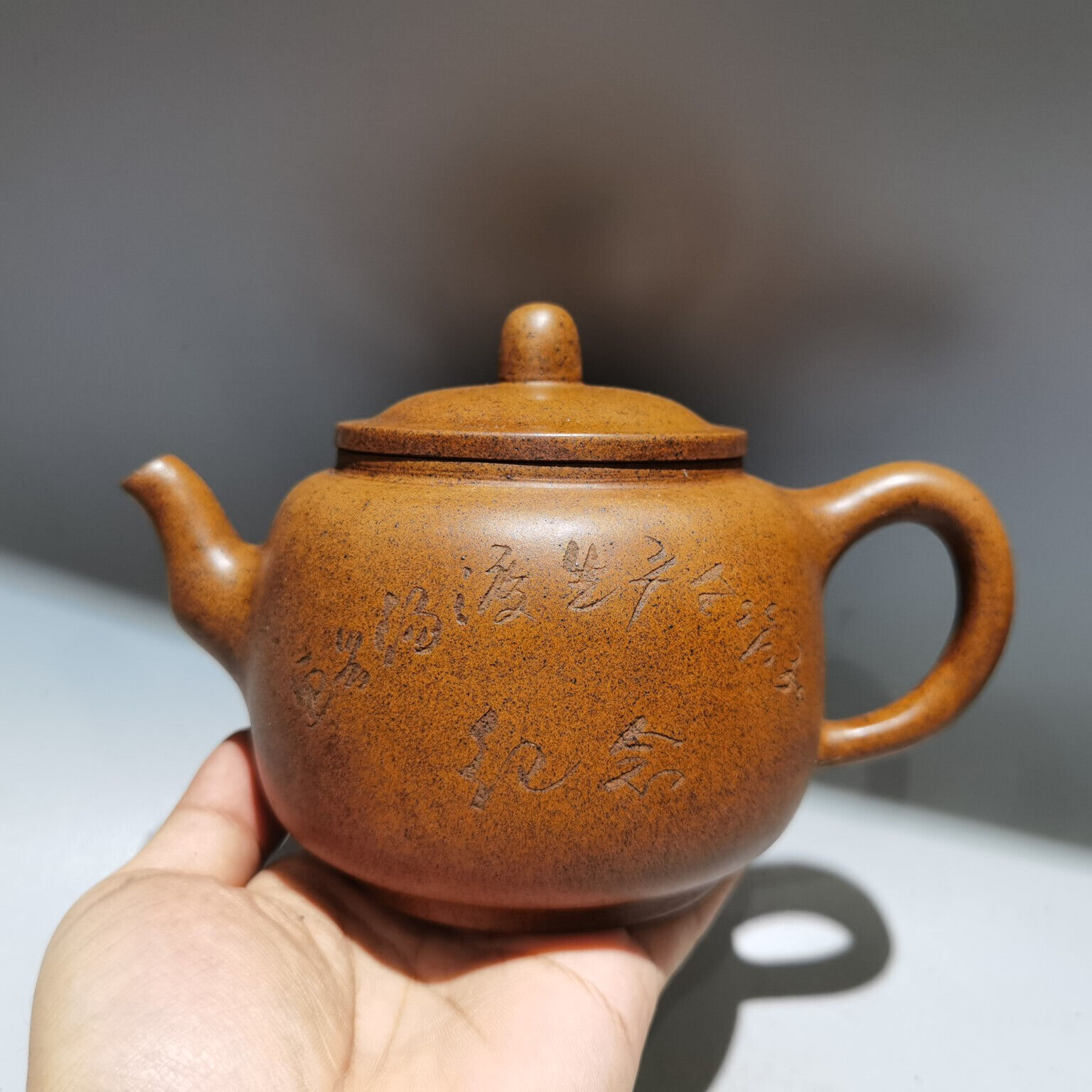 7″ Yixing Zisha Gold sand clay carved character Kung Fu Tea Exquisite Teapot