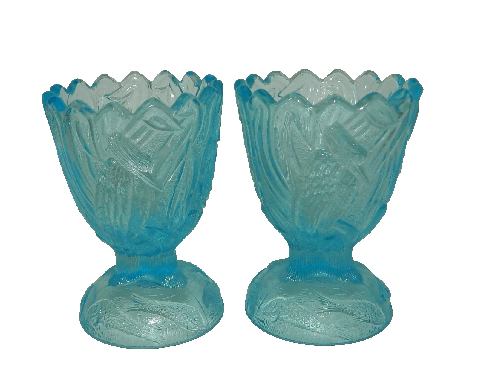 Pair of EAPG Canton Glass Kingfisher Azure Blue Egg Cups