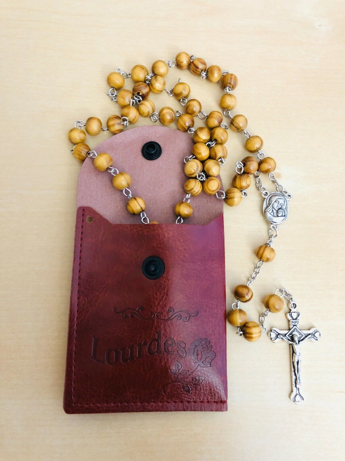 Blessed Catholic Rosary Necklace Round Beads Jerusalem Soil Crucifix & Pouch