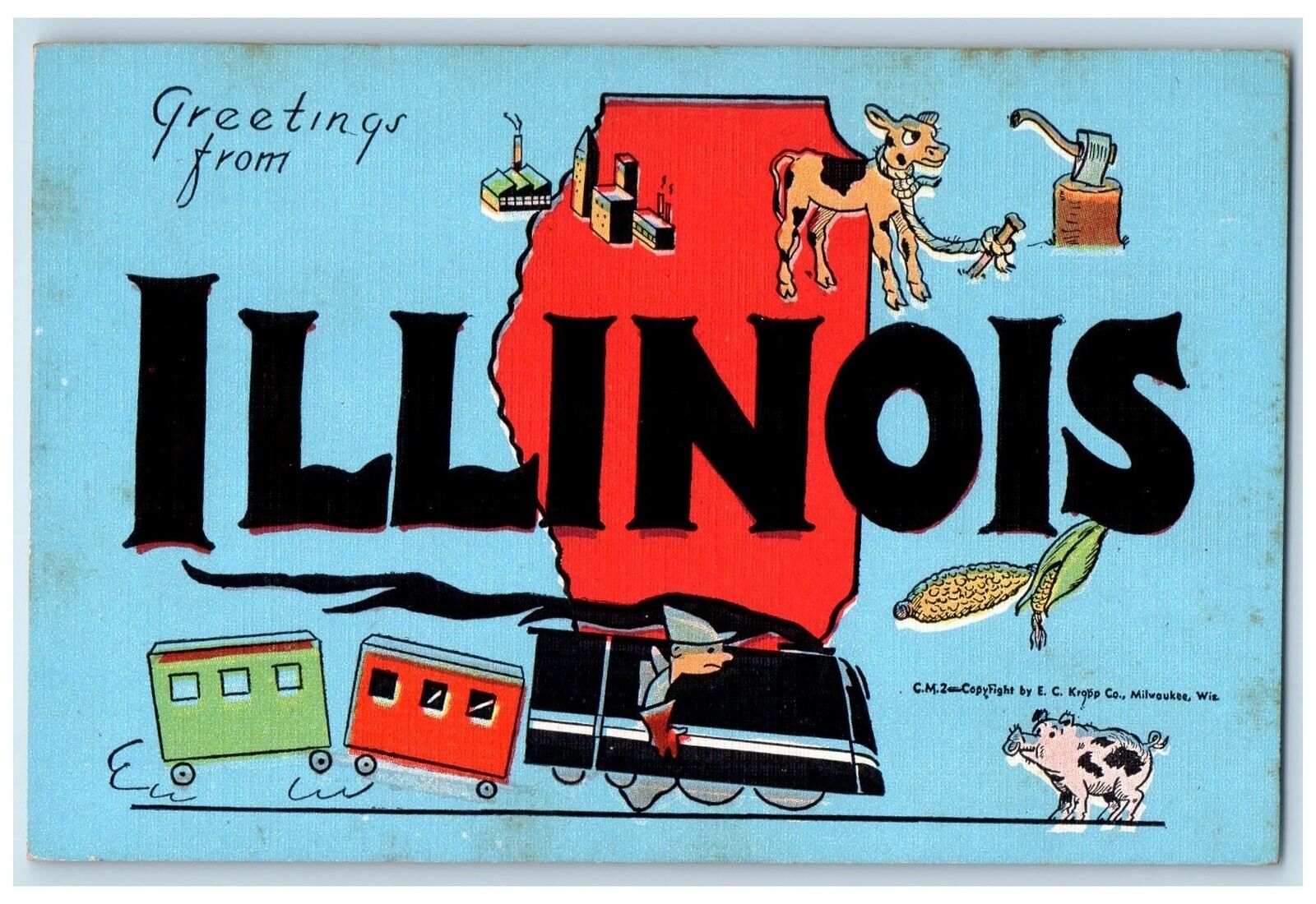 Greetings From Illinois IL, Train Animal Humor Scene Vintage Unposted Postcard