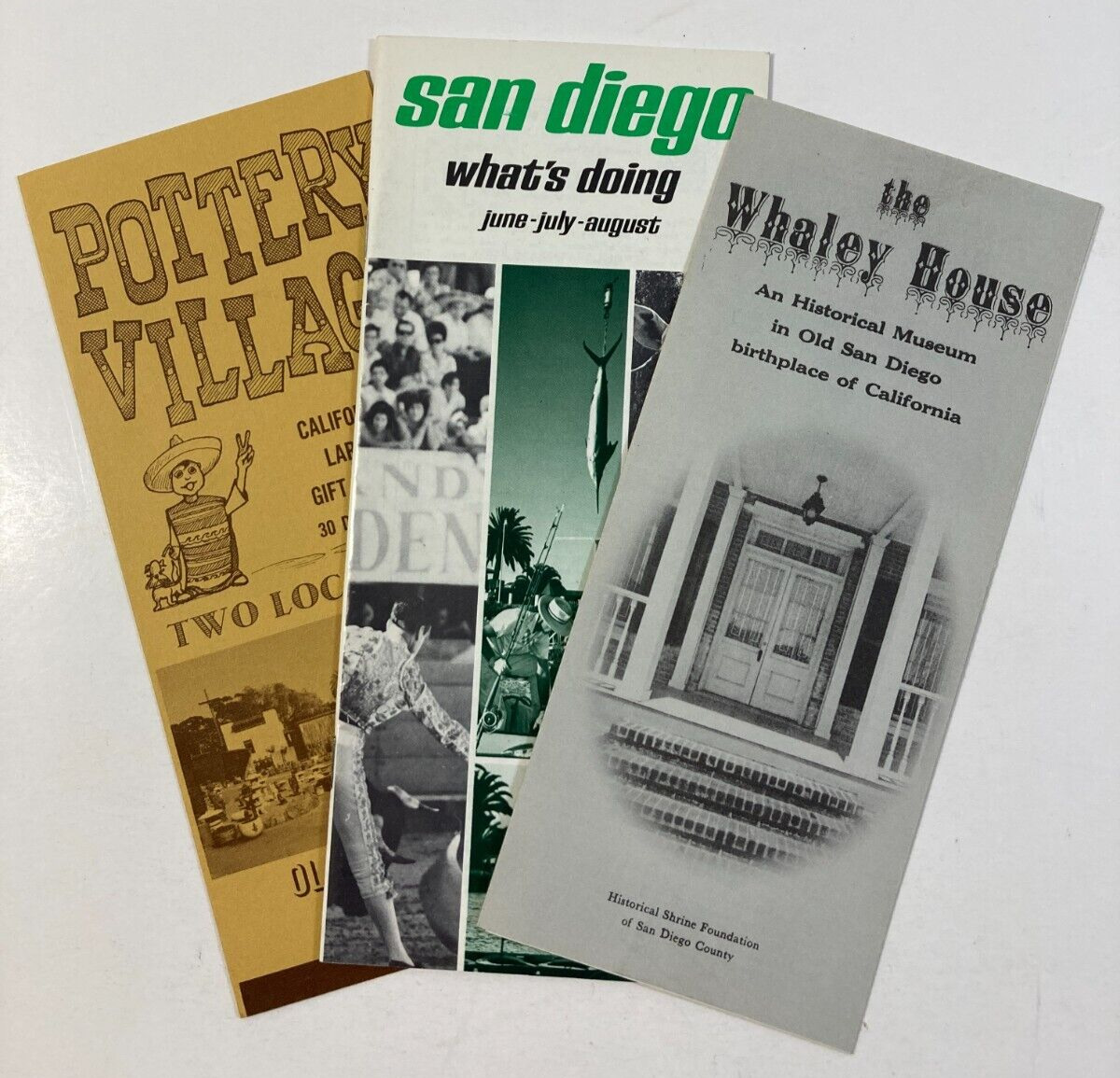 1970 San Diego California 3 Travel Brochures The Whaley House, Pottery Village +