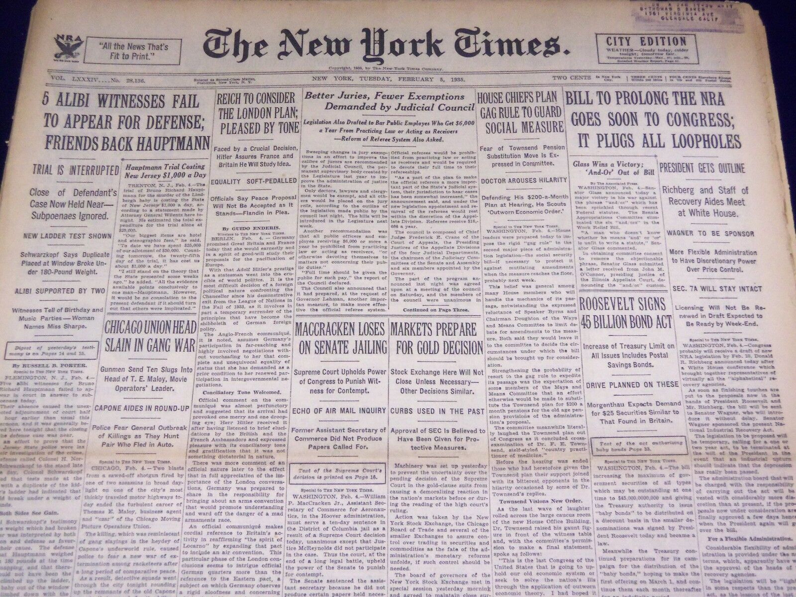 1935 FEB 5 NEW YORK TIMES - 5 ALIBI WITNESSES FAIL TO APPEAR DEFENSE - NT 1921